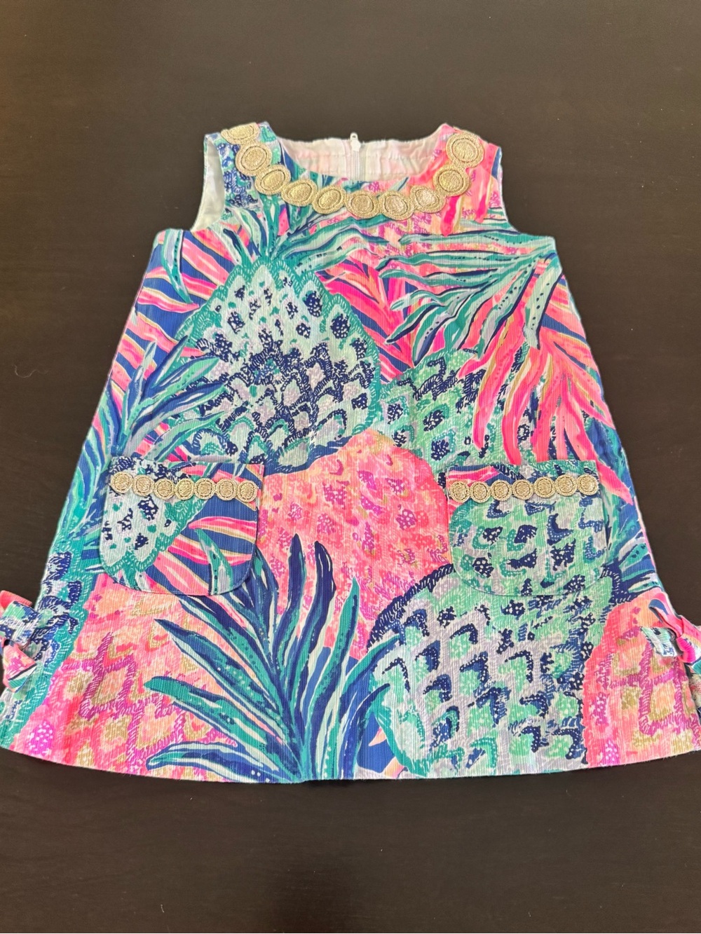 Lilly Pulitzer Gypset Paradise Pineapple Shift Dress Gold Trim girls size 3